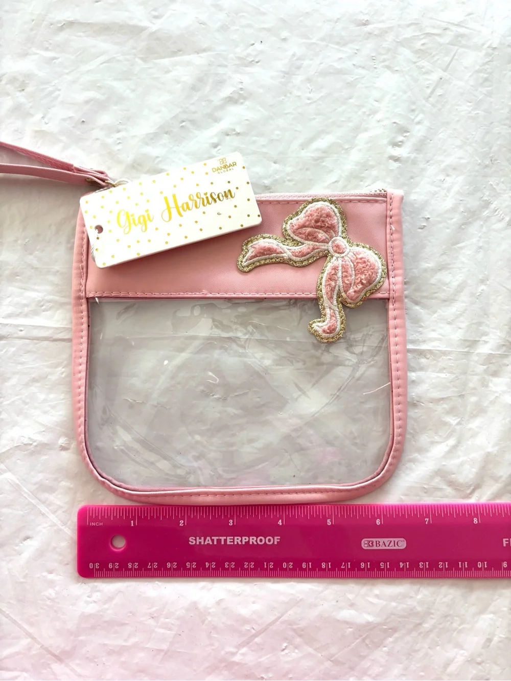 NWT Gigi Harrison Pink Gold Clear Wristlet Pouch with Bow